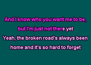 And I know who you want me to be,
but I'm just not there yet
Yeah, the broken road's always been

home and it's so hard to forget