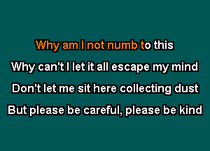 Why am I not numb to this
Why can't I let it all escape my mind
Don't let me sit here collecting dust

But please be careful, please be kind