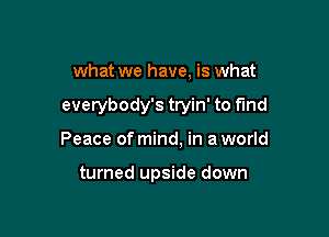 what we have, is what

everybody's tryin' to fund

Peace of mind, in a world

turned upside down