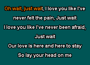 Oh wait, just wait, I love you like I've

never felt the pain, Just wait

love you like I've never been afraid,
Just wait
Our love is here and here to stay

80 lay your head on me