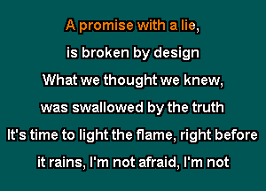 A promise with a lie,
is broken by design
What we thought we knew,
was swallowed by the truth
It's time to light the flame, right before

it rains, I'm not afraid, I'm not