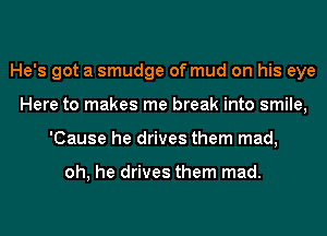 He's got a smudge of mud on his eye
Here to makes me break into smile,
'Cause he drives them mad,

oh, he drives them mad.