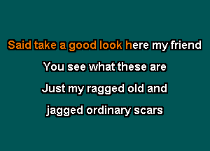 Said take a good look here my friend
You see what these are

Just my ragged old and

jagged ordinary scars