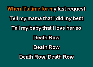 When it's time for my last request
Tell my mama that I did my best
Tell my baby that I love her so
Death Row
Death Row
Death Row, Death Row