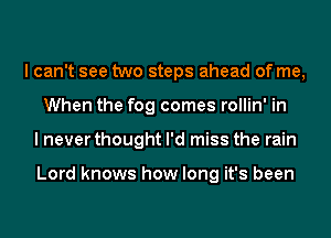 I can't see two steps ahead of me,
When the fog comes rollin' in
I never thought I'd miss the rain

Lord knows how long it's been