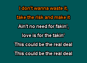 I don't wanna waste it,
take the risk and make it
Ain't no need for fakin',
love is for the takin'
This could be the real deal

This could be the real deal I