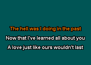 The hell was I doing in the past

Now that I've learned all about you

A lovejust like ours wouldn't last