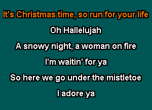 It's Christmas time, so run for your life
Oh Hallelujah
A snowy night, a woman on the
I'm waitin' for ya
80 here we go under the mistletoe

I adore ya