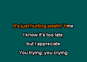 It's just hurting wastin' time
I know it's too late,

but I appreciate

You trying, you crying