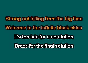 Strung out falling from the big time
Welcome to the infinite black skies
It's too late for a revolution

Brace for the final solution