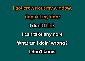 I got crows out my window,
dogs at my door

ldon't think

I can take anymore

What am I doin' wrong?

I don't know