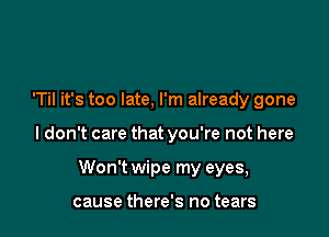 'Til it's too late, I'm already gone

I don't care that you're not here

Won't wipe my eyes,

cause there's no tears