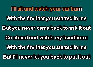 I'll sit and watch your car burn
With the fire that you started in me
But you never came back to ask it out
Go ahead and watch my heart burn
With the fire that you started in me

But I'll never let you back to put it out