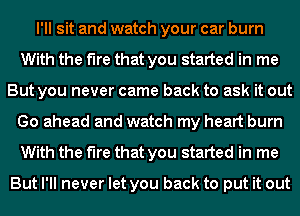 I'll sit and watch your car burn
With the fire that you started in me
But you never came back to ask it out
Go ahead and watch my heart burn
With the fire that you started in me

But I'll never let you back to put it out