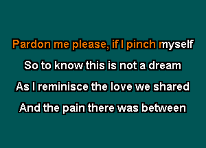 Pardon me please, ifl pinch myself
So to know this is not a dream
As I reminisce the love we shared

And the pain there was between