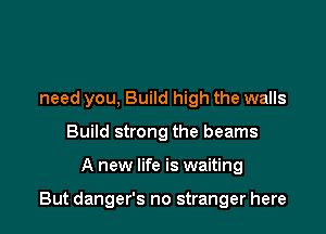 need you, Build high the walls
Build strong the beams

A new life is waiting

But danger's no stranger here