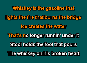 Whiskey is the gasoline that
lights the fire that burns the bridge
Ice creates the water
That's no longer runnin' under it
Stool holds the fool that pours
The whiskey on his broken heart