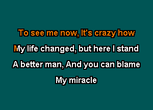 To see me now, It's crazy how

My life changed, but here I stand

A better man, And you can blame

My miracle