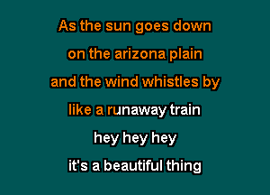 As the sun goes down
on the arizona plain
and the wind whistles by
like a runaway train

hey hey hey

it's a beautiful thing