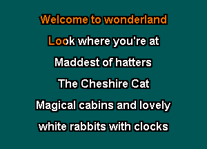 Welcome to wonderland
Look where you're at
Maddest of hatters
The Cheshire Cat

Magical cabins and lovely

white rabbits with clocks