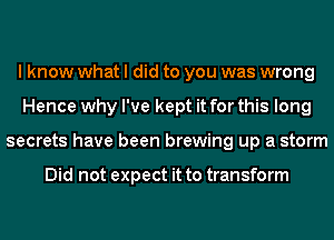 I know what I did to you was wrong
Hence why I've kept it for this long
secrets have been brewing up a storm

Did not expect it to transform