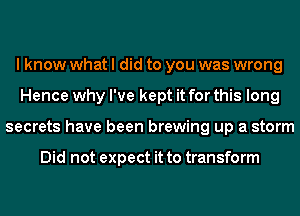 I know what I did to you was wrong
Hence why I've kept it for this long
secrets have been brewing up a storm

Did not expect it to transform