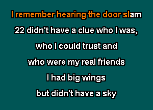 I remember hearing the door slam
22 didn't have a clue who I was,
who I could trust and
who were my real friends
I had big wings
but didn't have a sky