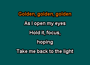 Golden, golden, golden
As I open my eyes
Hold it, focus,

hoping

Take me back to the light