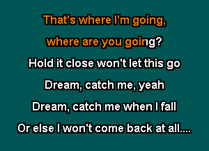 That's where I'm going,
where are you going?
Hold it close won't let this go
Dream, catch me, yeah

Dream, catch me when Ifall

Or else lwon't come back at all....