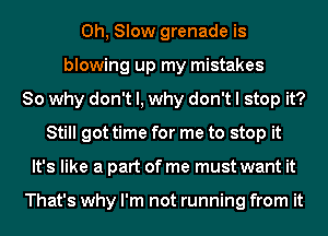 0h, Slow grenade is
blowing up my mistakes
So why don't I, why don't I stop it?
Still got time for me to stop it
It's like a part of me must want it

That's why I'm not running from it