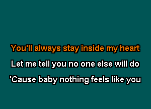 You'll always stay inside my heart

Let me tell you no one else will do

'Cause baby nothing feels like you