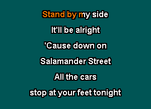 Stand by my side
It'll be alright
'Cause down on
Salamander Street
All the cars

stop at your feet tonight
