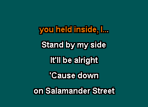 you held inside, I...

Stand by my side

It'll be alright

'Cause down

on Salamander Street