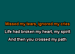 Missed my tears, ignored my cries
Life had broken my heart, my spirit
And then you crossed my path