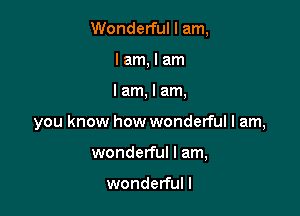 Wonderful I am,
lam, I am

I am, I am,

you know how wonderful I am,

wonderful I am,

wonderful I