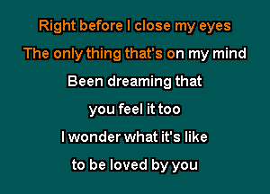 Right before I close my eyes

The only thing that's on my mind

Been dreaming that
you feel it too
lwonder what it's like

to be loved by you