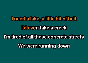 I need a lake, a little bit of bait
I'd even take a creek

I'm tired of all these concrete streets

We were running down
