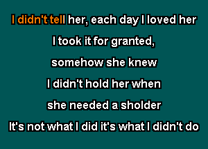 I didn't tell her, each day I loved her
ltook it for granted,
somehow she knew

I didn't hold her when
she needed a sholder

It's not what I did it's what I didn't do