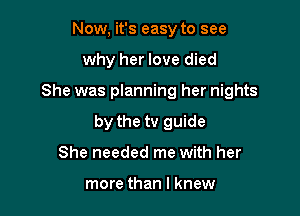 Now, it's easy to see

why her love died

She was planning her nights

by the tv guide
She needed me with her

more than I knew