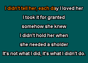 I didn't tell her, each day I loved her
ltook it for granted
somehow she knew

I didn't hold her when
she needed a sholder

It's not what I did, it's what I didn't do.