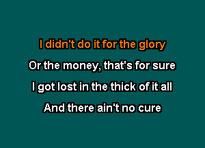 I didn't do it for the glory

Or the money, that's for sure
I got lost in the thick of it all

And there ain't no cure