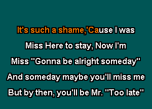 It's such a shame,'Cause I was
Miss Here to stay, Now I'm
Miss Gonna be alright someday
And someday maybe you'll miss me

But by then, you'll be Mr. Too late