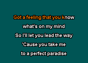 Got a feeling that you know

what's on my mind

So I'll let you lead the way

'Cause you take me

to a perfect paradise