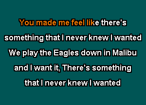 You made me feel like there's
something that I never knew I wanted
We play the Eagles down in Malibu
and I want it, There's something

that I never knew I wanted