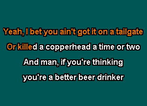 Yeah, I bet you ain't got it on a tailgate
0r killed a copperhead a time or two
And man, ifyou're thinking

you're a better beer drinker