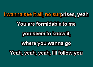 I wanna see it all, no surprises, yeah
You are formidable to me
you seem to know it,
where you wanna go

Yeah, yeah, yeah, I'll follow you