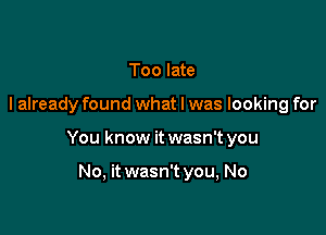 Too late

I already found what I was looking for

You know it wasn't you

No, it wasn't you, No