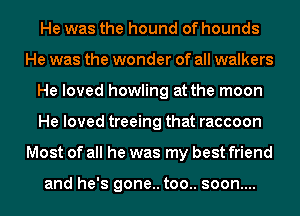 He was the hound of hounds
He was the wonder of all walkers
He loved howling at the moon
He loved treeing that raccoon
Most of all he was my best friend

and he's gone.. too.. soon....