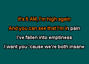 It's 5 AM, I'm high again
And you can see that I'm in pain
I've fallen into emptiness

I want you 'cause we're both insane