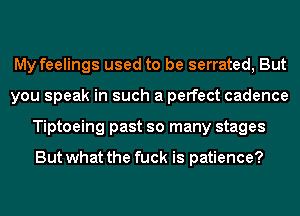 My feelings used to be serrated, But
you speak in such a perfect cadence
Tiptoeing past so many stages

But what the fuck is patience?